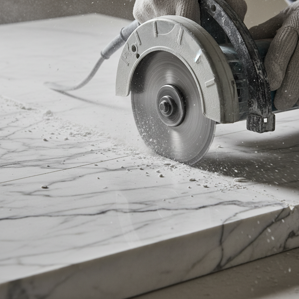 Marble slab being hand-cut along natural veining, raw stone texture visible
