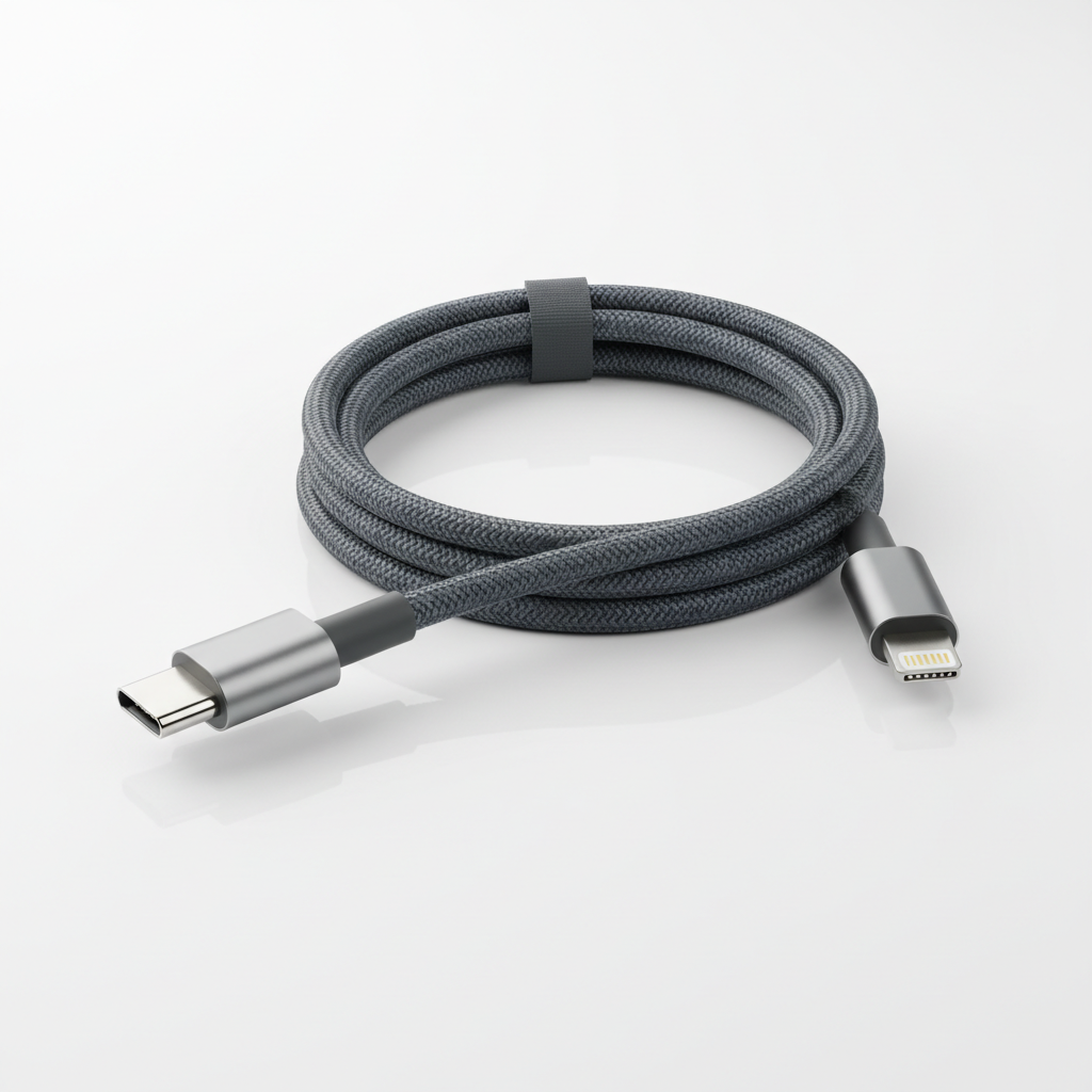 Cable USB-C a Lightning de 1 metro enrollado sobre fondo oscuro