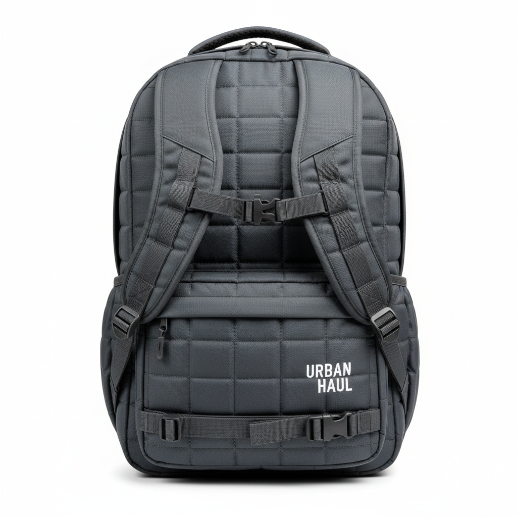 Dark grey laptop backpack with embroidered logo on white background