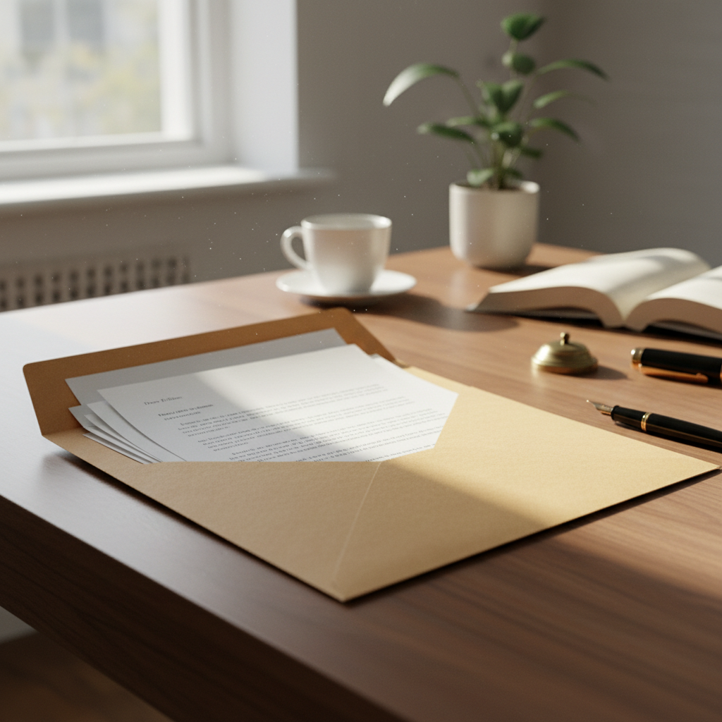 Cream envelope and small jewelry box on wooden desk with morning coffee and natural light