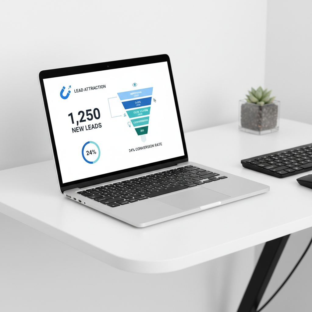 Sleek laptop displaying social media analytics and sales funnel dashboard