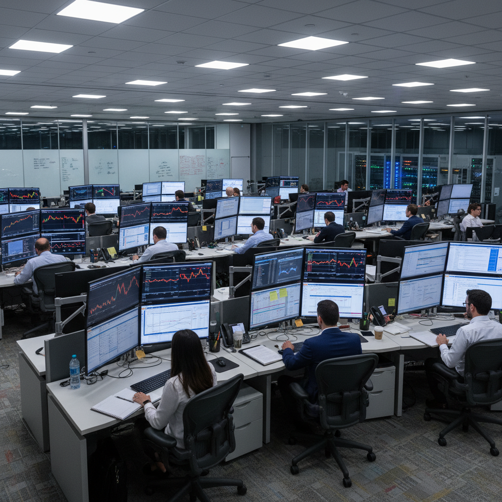 Open-plan professional trading office with analysts at workstations