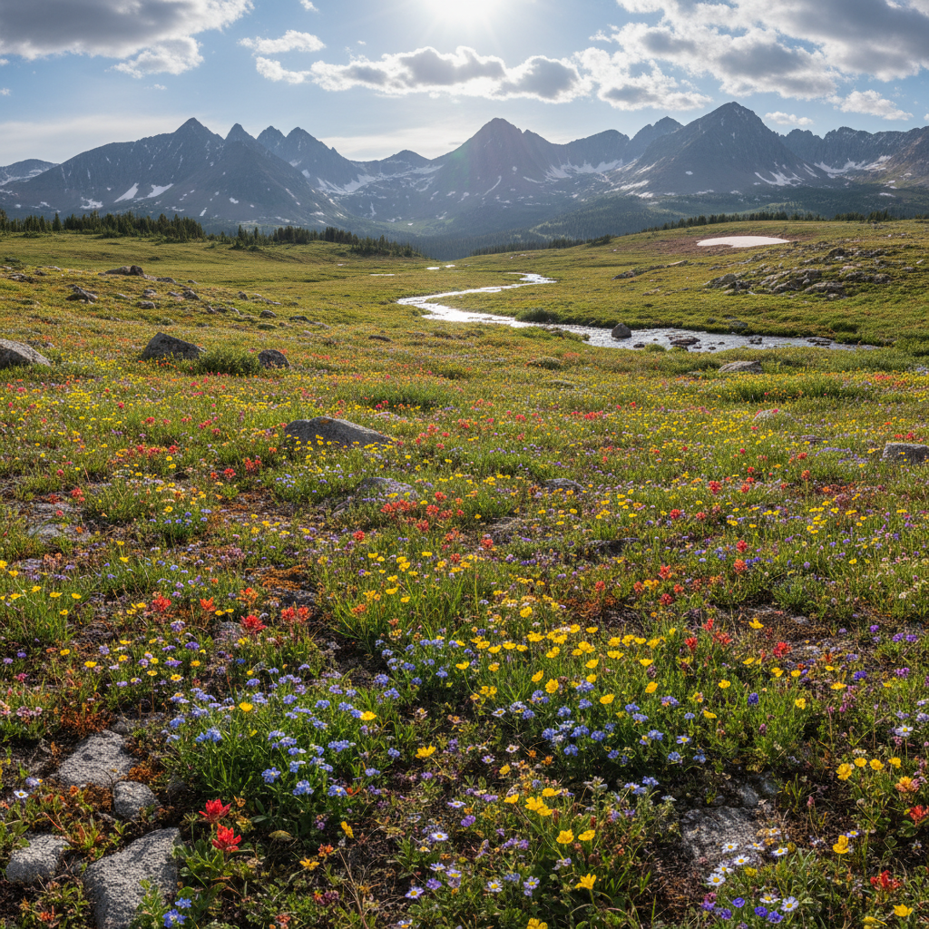 Singletrack trail through Colorado alpine terrain with wildflowers and distant snow-capped peaks