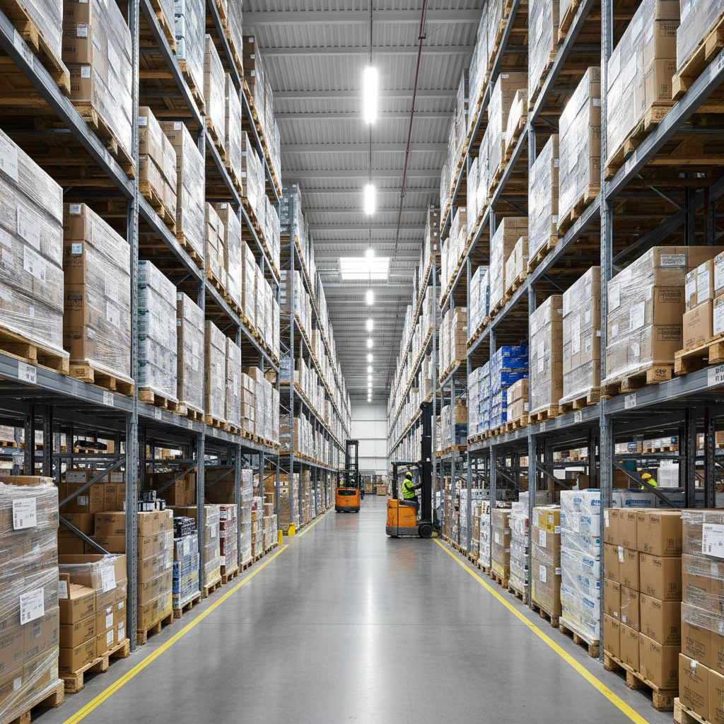 Warehouse with organized product shelves and wholesale distribution center