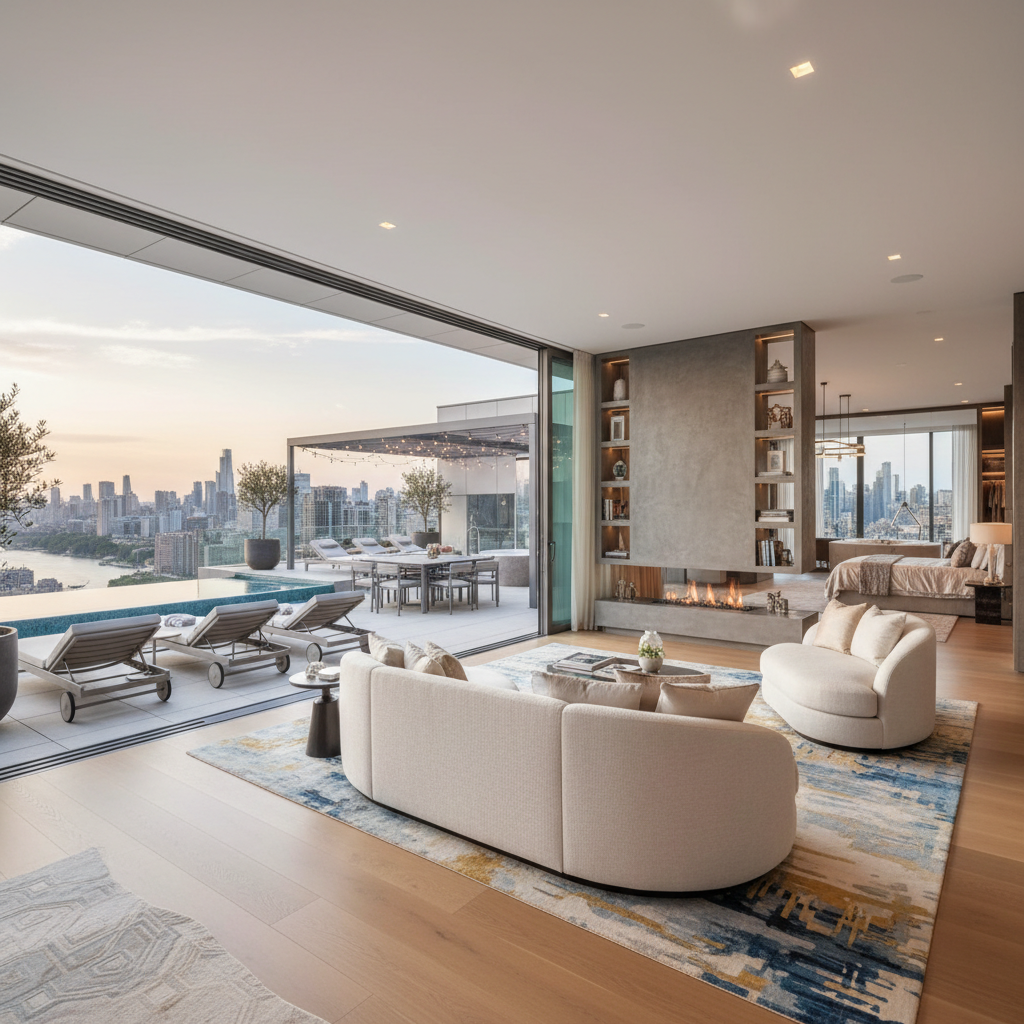 Outdoor living space with pool and mountain views