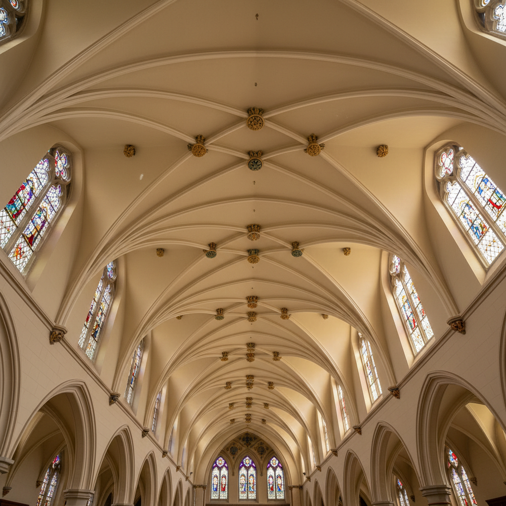 Church nave ceiling after restoration showing fresh cream paint, crisp arch ribs, and restored decorative details