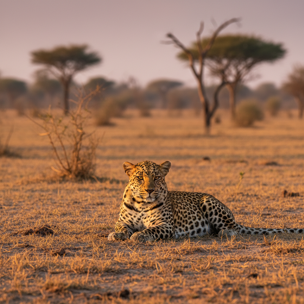 Wild leopard Yala National Park Sri Lanka, golden light, dry savanna, wildlife safari