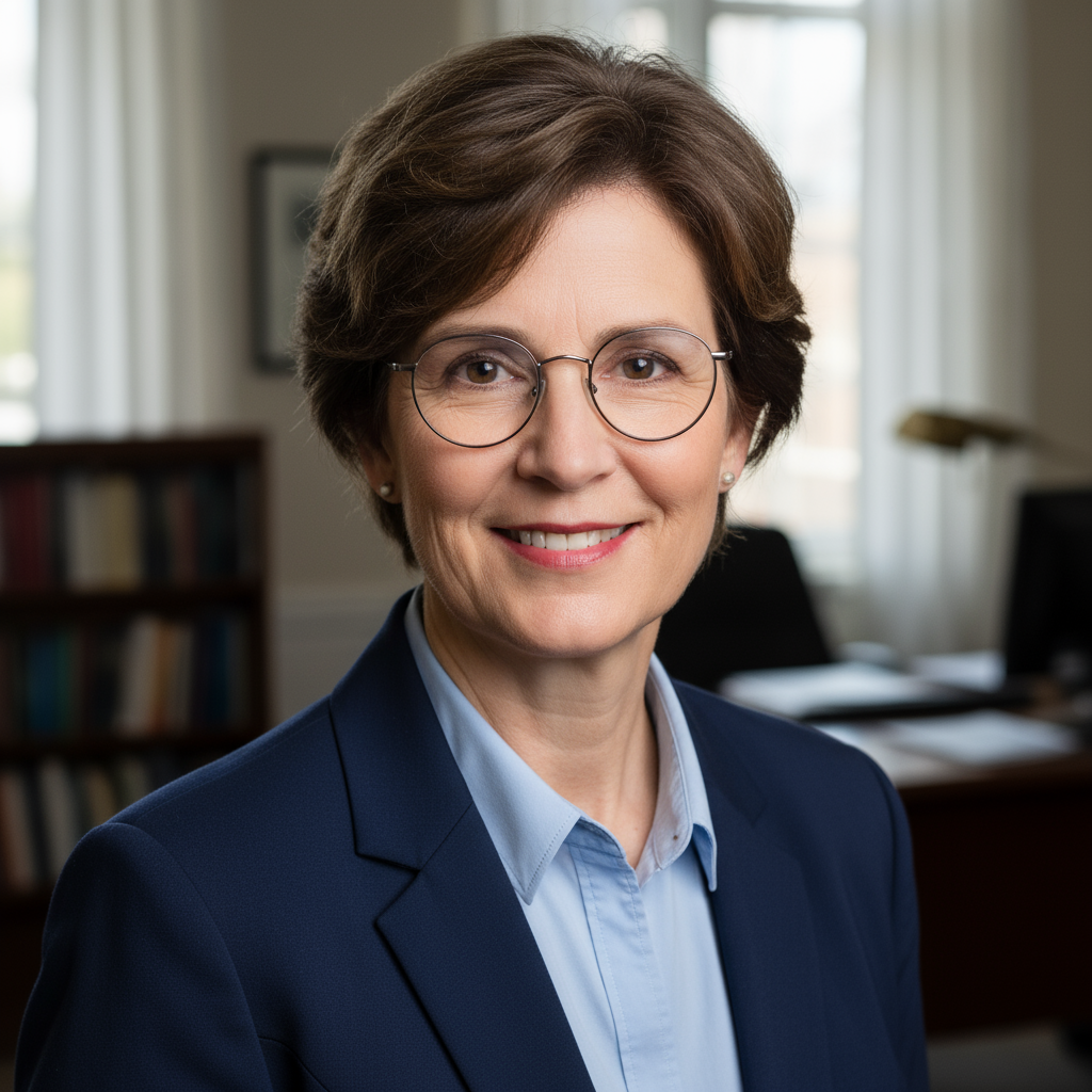 Professional headshot of a woman with glasses in academic office with bookshelves