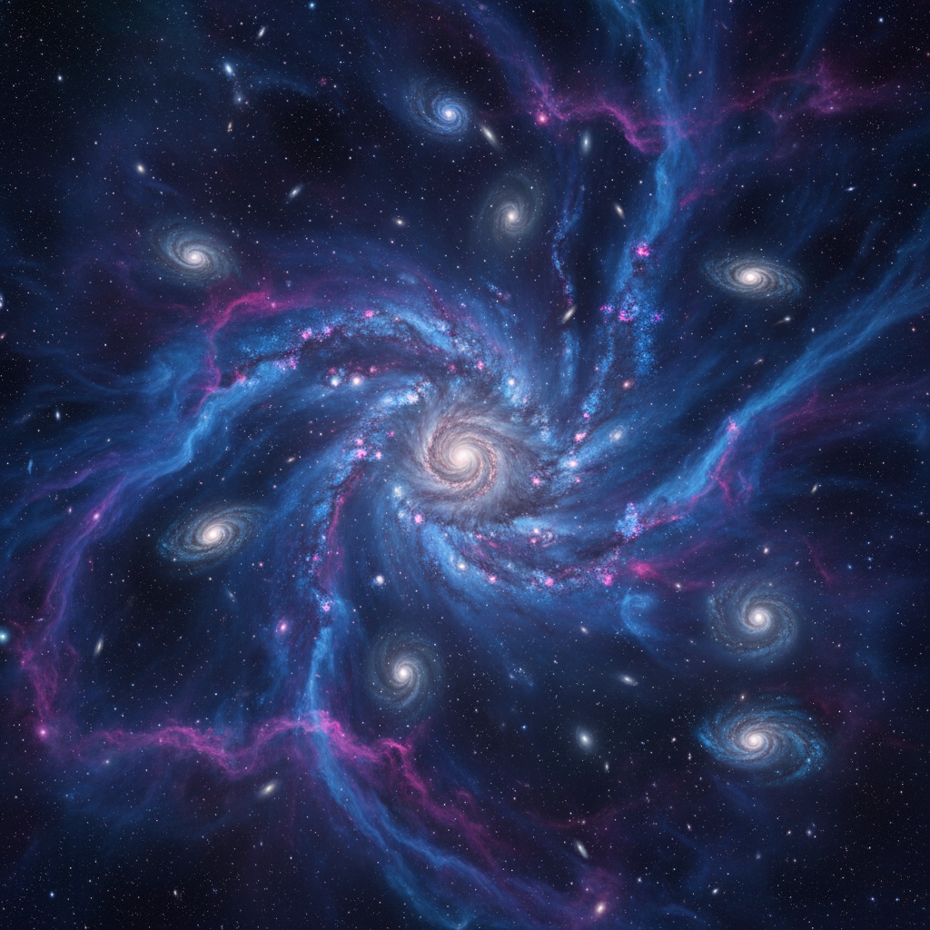 Deep space galaxy with purple and blue nebula, cinematic wide angle, dark atmospheric cosmic scene