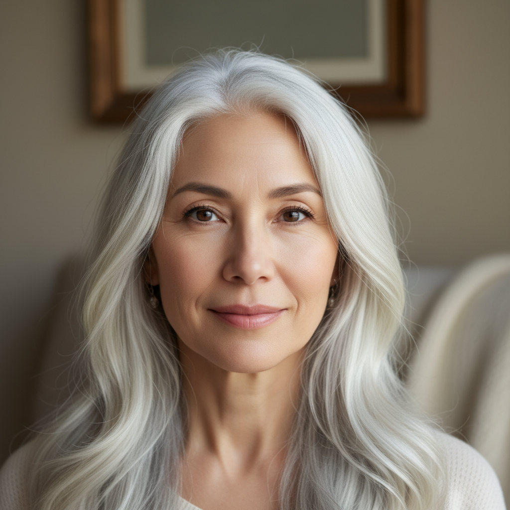 Woman with silver hair and a graceful demeanor