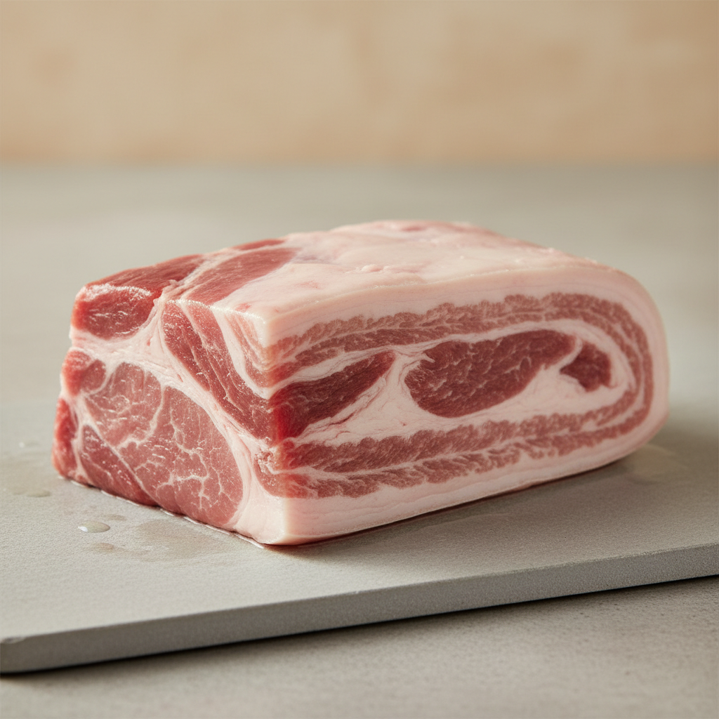 Thick pork belly cut with crispy skin on butcher paper, rustic dark surface