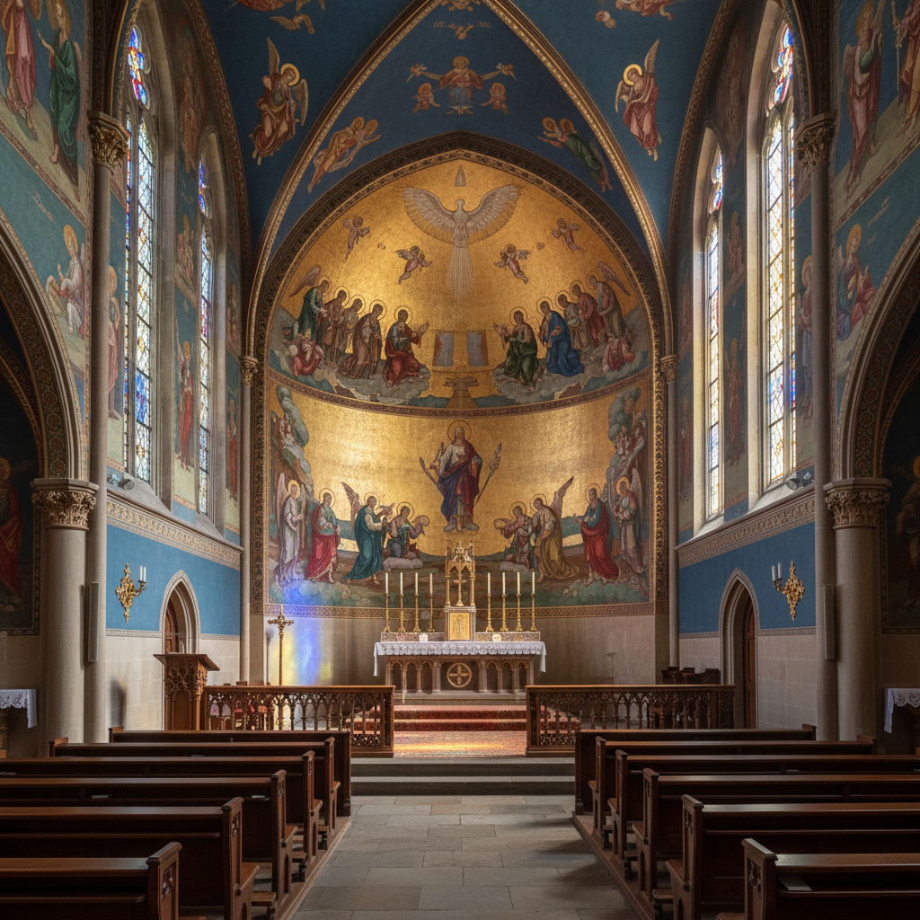 Interior of the Heilige Geist Kirche chapel at St. Paul's College, showing the altar fresco