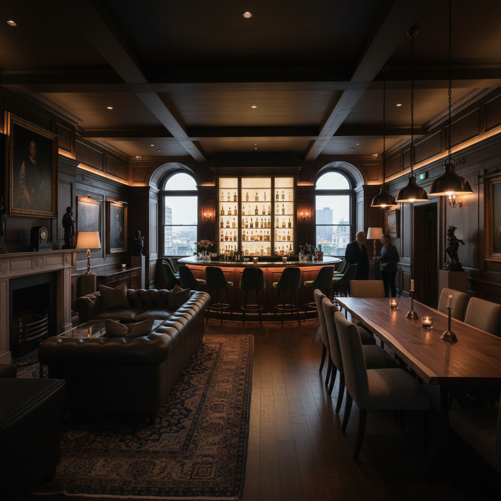 Opulent private members club interior with leather armchairs and dark wood panelling