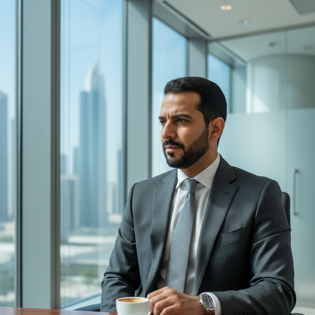 Professional executive portrait in modern Dubai office, warm natural lighting, confident business leader in formal attire, bright airy well-lit corporate environment