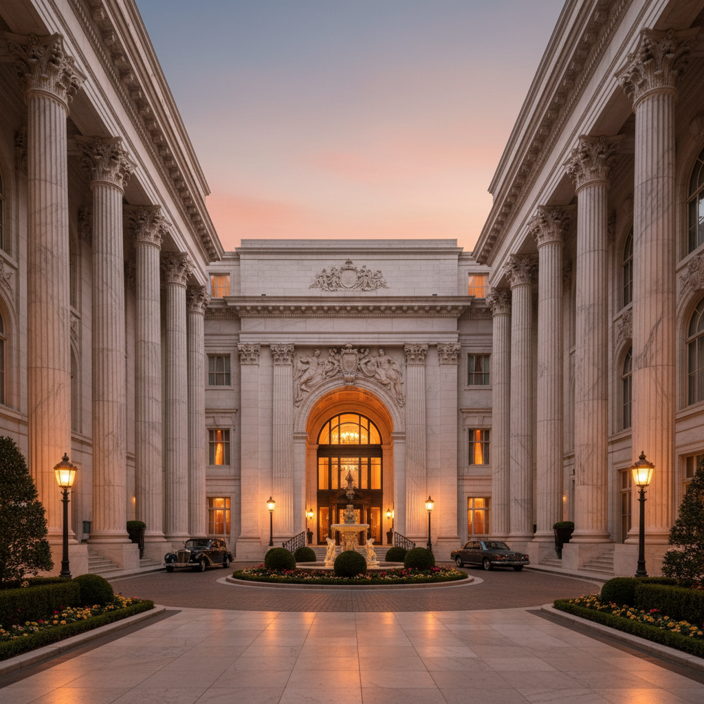 Grand Spa hotel exterior at dusk with warm amber lights, lush garden, European architecture
