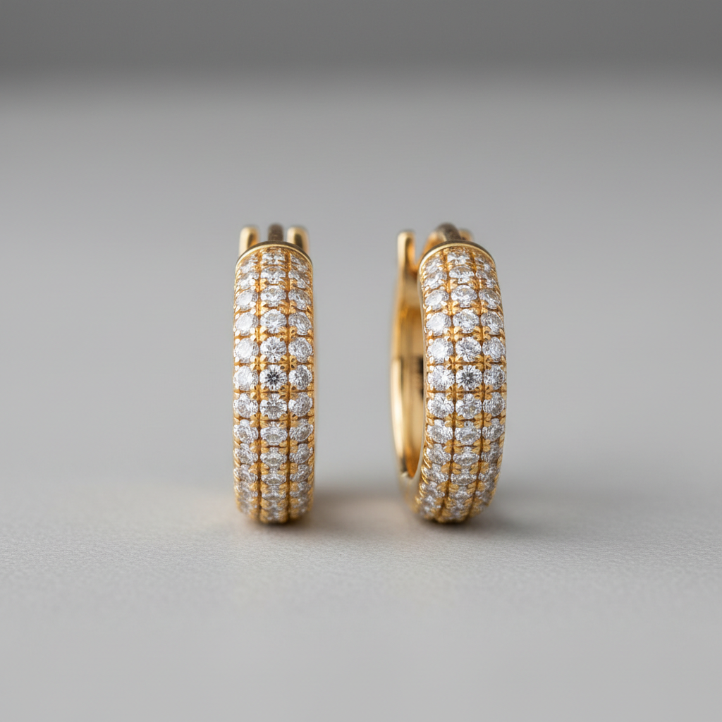 Diamond huggie hoop earrings in yellow gold with pave setting