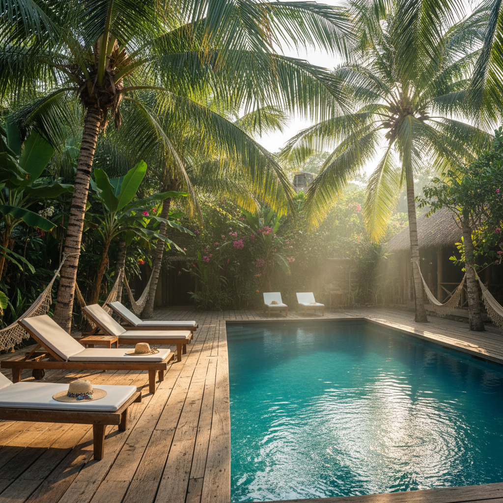 Tropical hostel swimming pool surrounded by palm trees and wooden deck chairs in Thailand