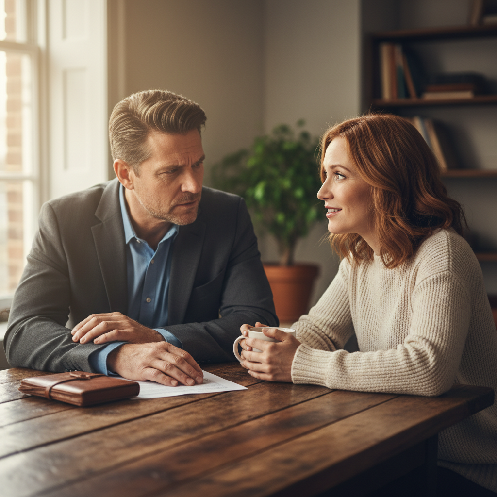 Two professionals having an honest conversation at a wooden table in a quiet cafe