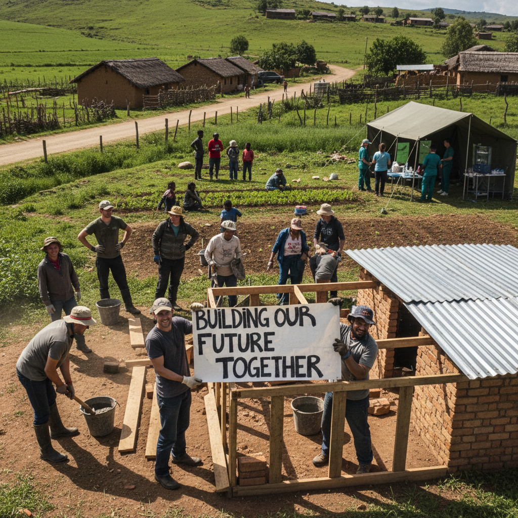 Voluntarios y socios en actividad de desarrollo comunitario rural