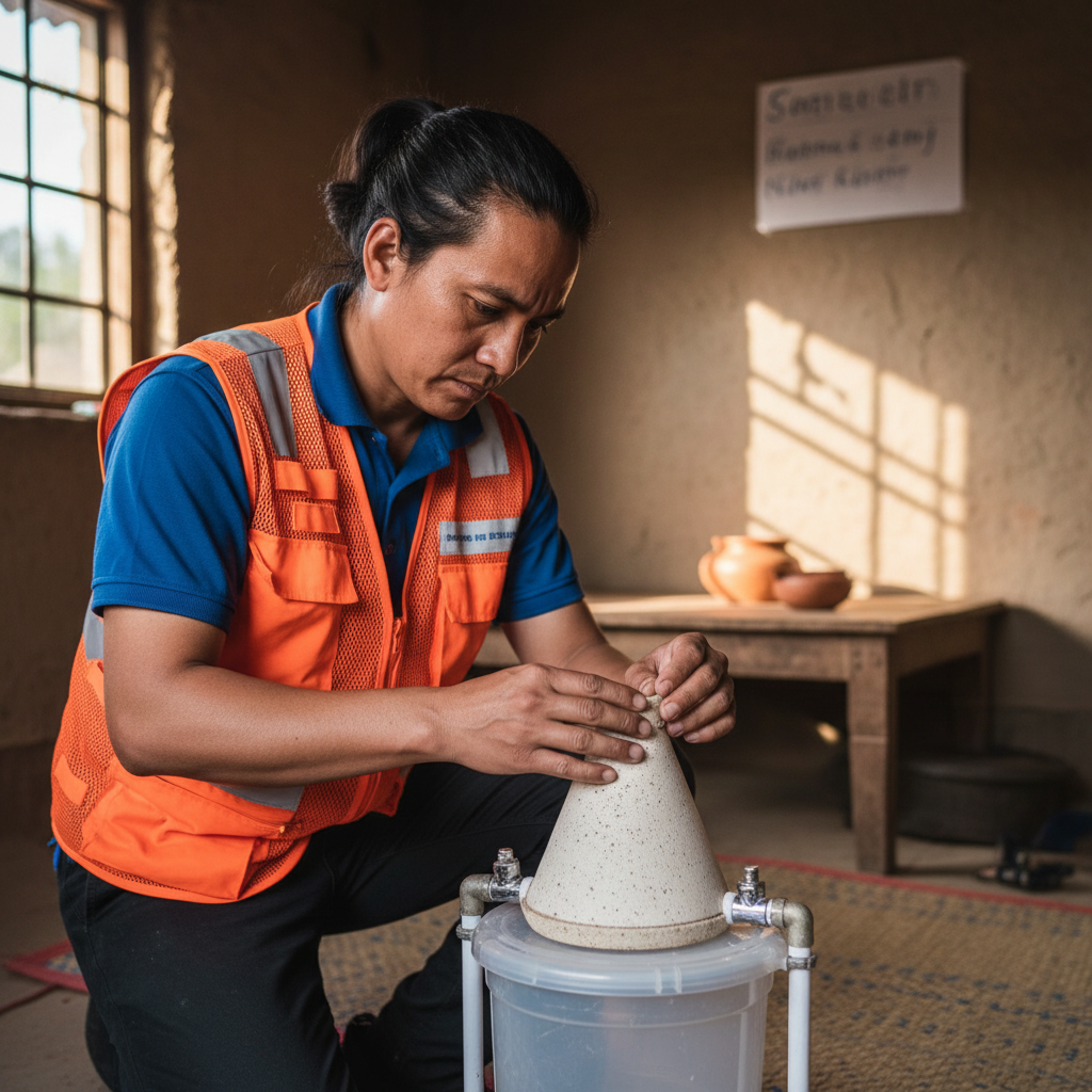 Rajan Nair, water systems volunteer installing filtration equipment in Kerala India