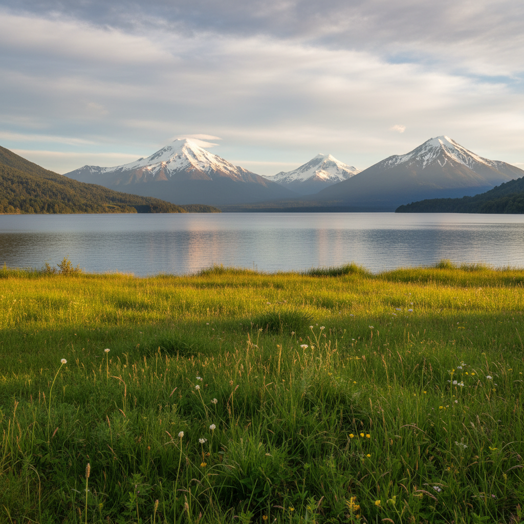 Orilla del lago Llanquihue con prados y montañas