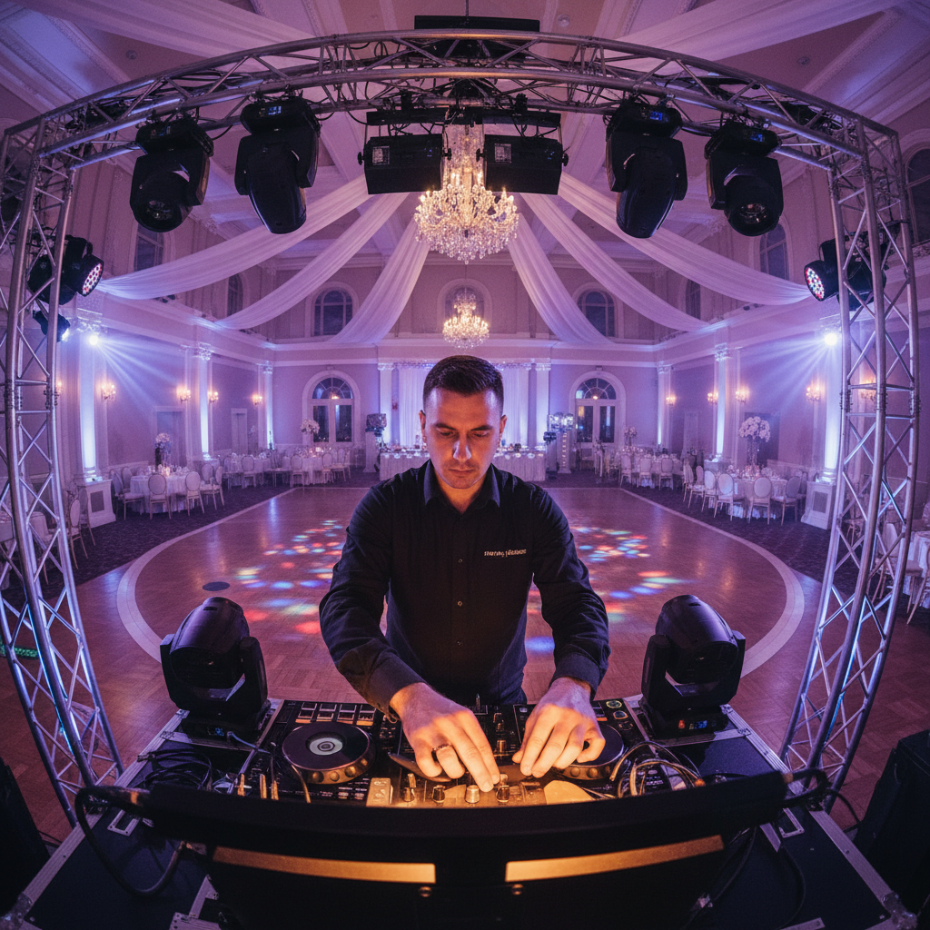 DJ performing at a nighttime wedding reception with colorful lights