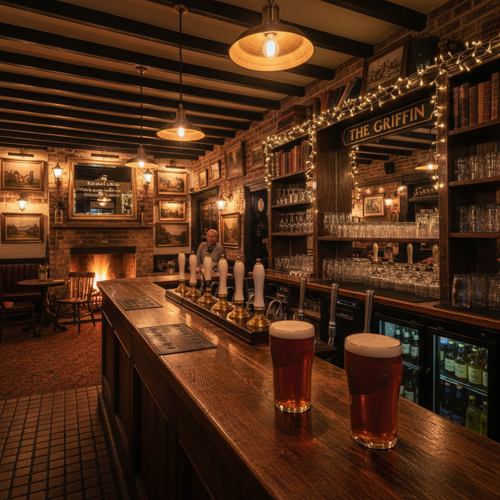 The Griffin bar — warm lighting, real ales on tap, traditional pub atmosphere