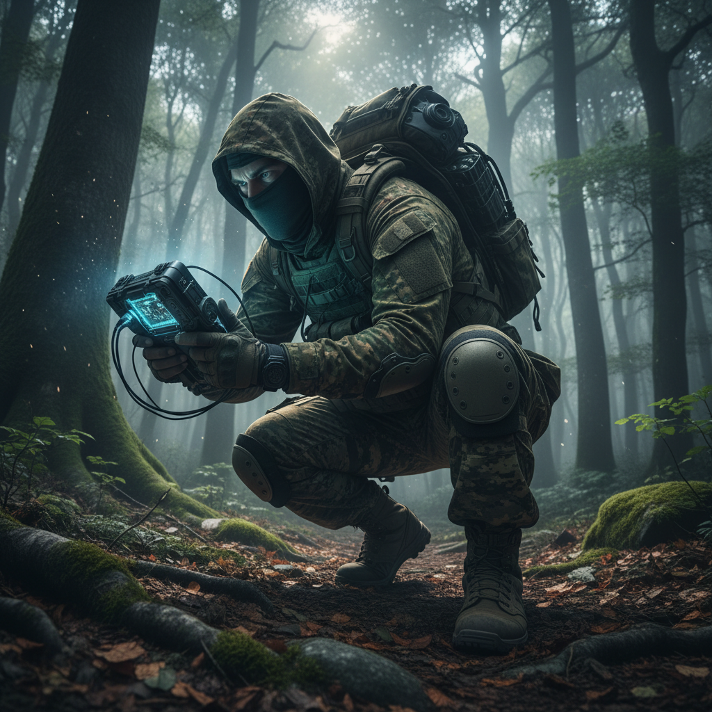 Operator in woodland camouflage crouching in dense forest undergrowth, misty atmosphere, deep green and shadow tones