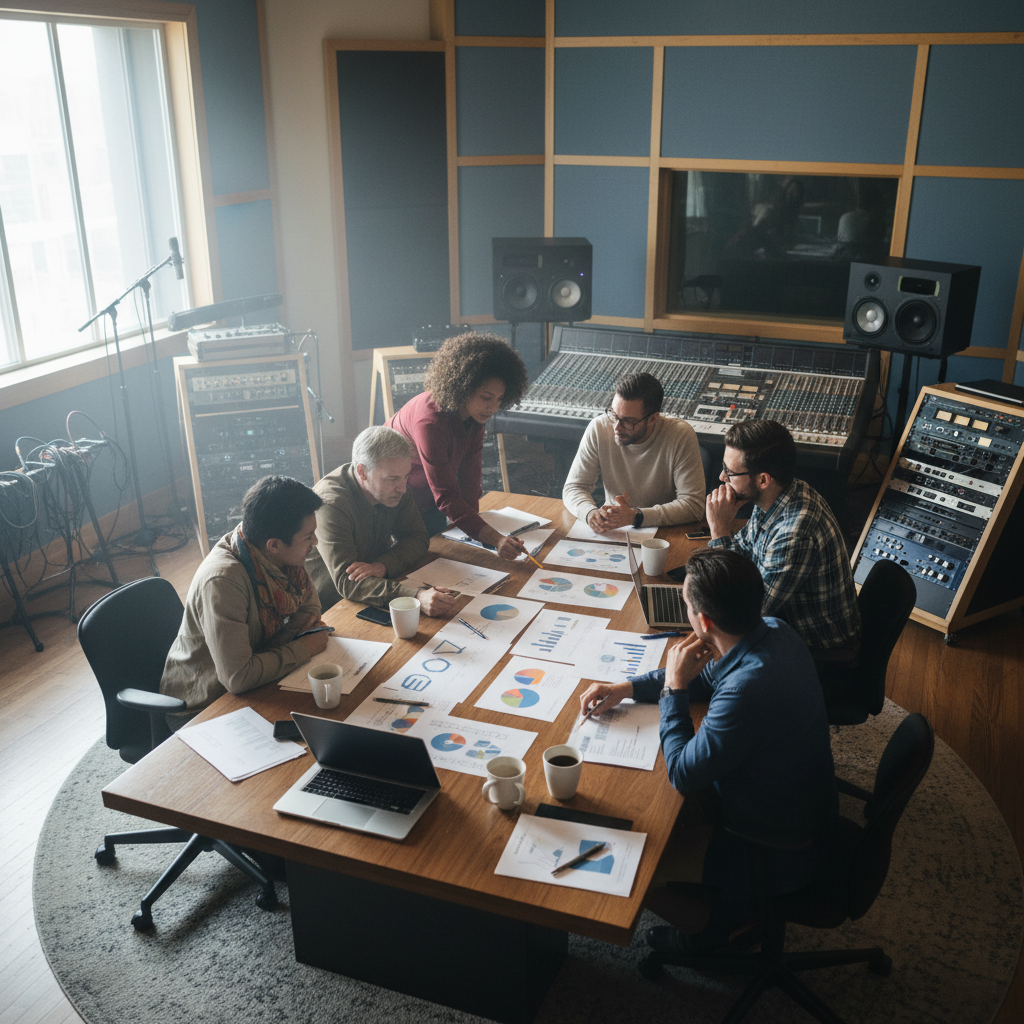 Creative professionals in a recording studio reviewing business model documents for a cultural industry association