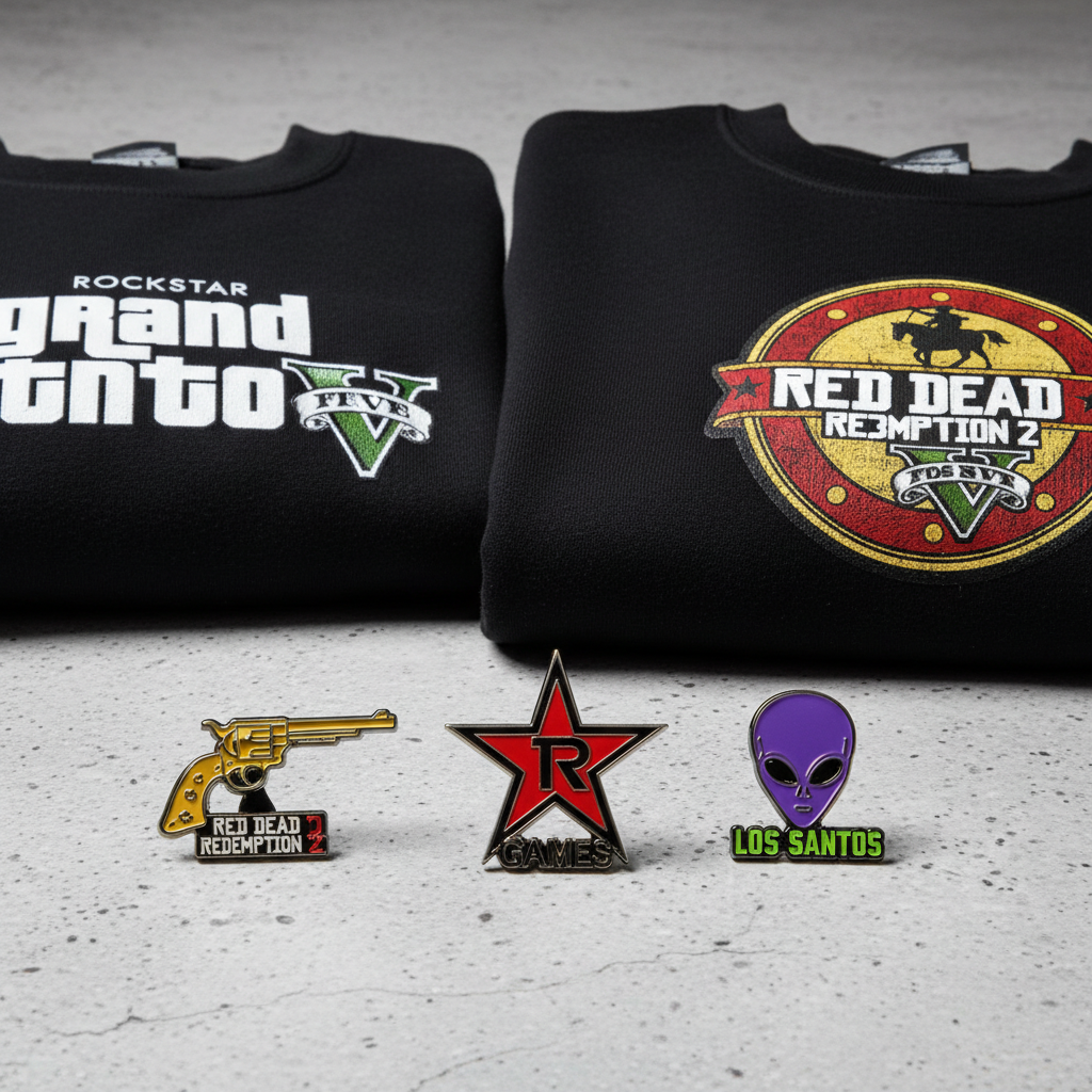 Rockstar Games new arrivals merchandise including enamel pins and crewnecks