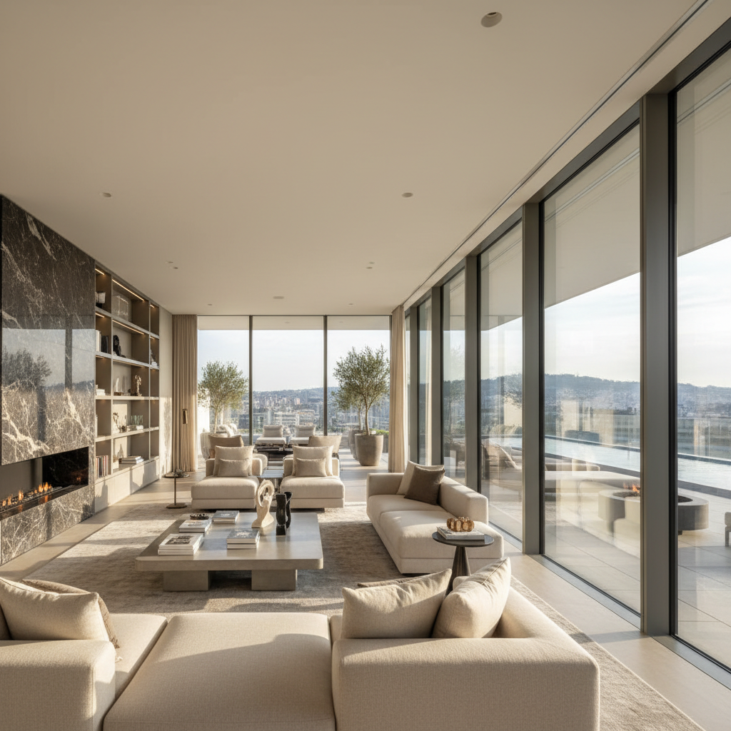 Luxury penthouse living room with floor-to-ceiling windows overlooking city skyline