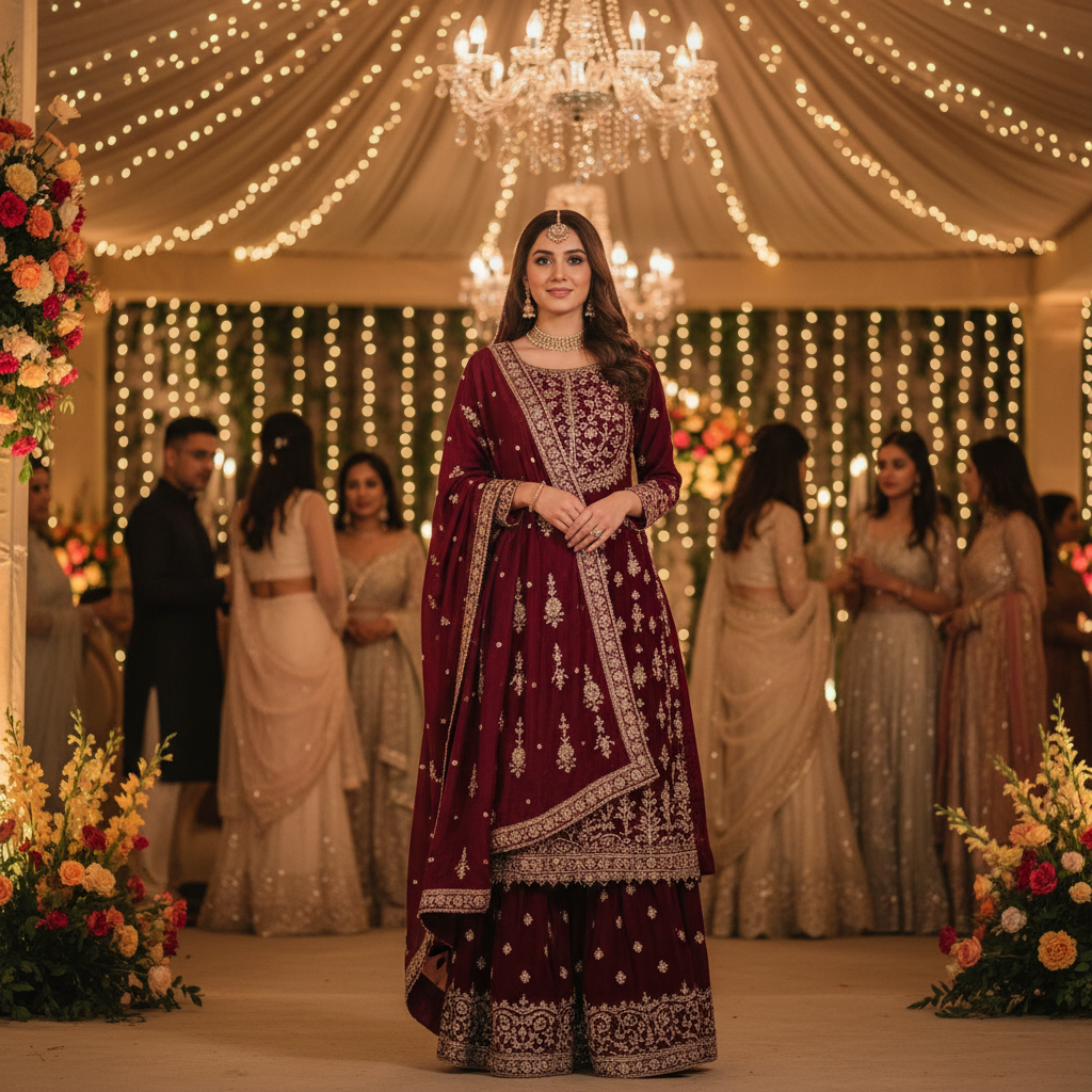 Bride in ornate sharara set with heavy embroidery, warm golden lighting