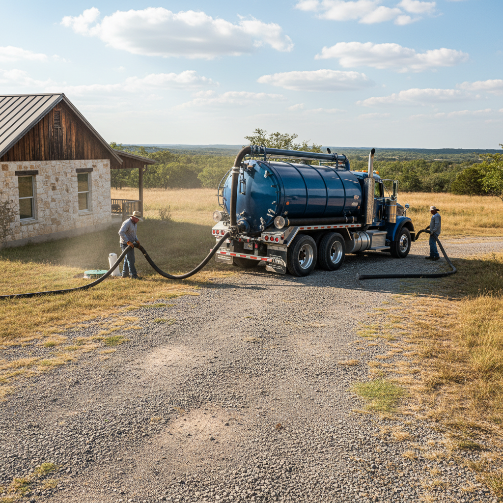 Pump septic truck parked on gravel drive beside rural Texas home with crew working and hose running