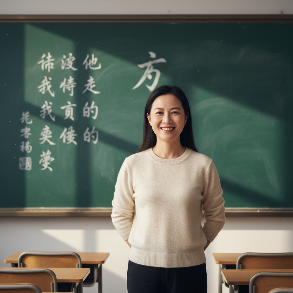 Chinese woman in her 30s with a warm smile, standing in front of a chalkboard with Chinese characters