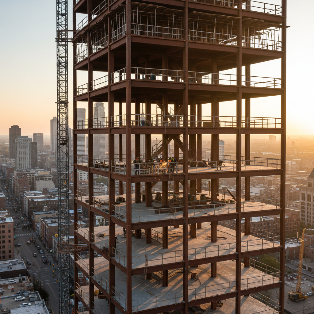 Construction site at golden hour, steel framework rising against orange sky, workers on scaffolding, dramatic shadows