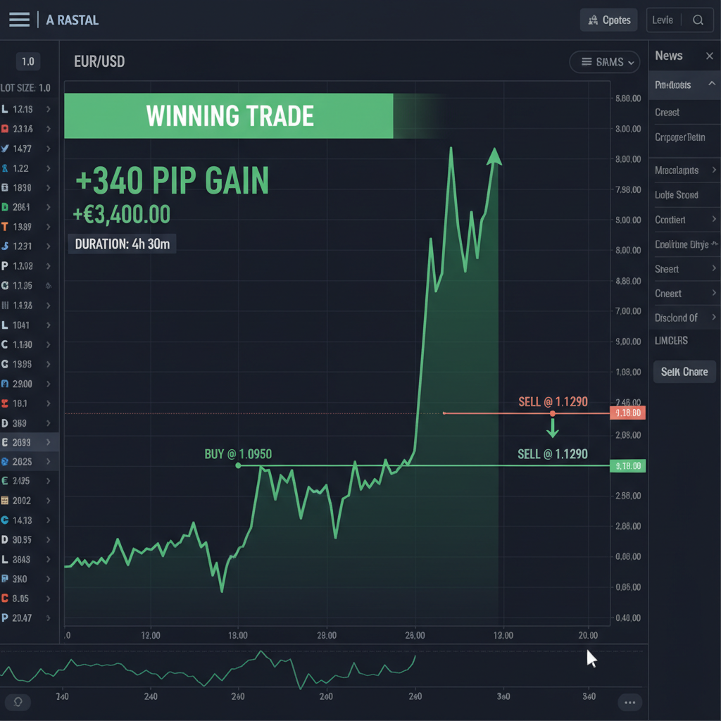 Live EUR/USD trade execution on dark trading platform showing entry, stop loss and take profit levels