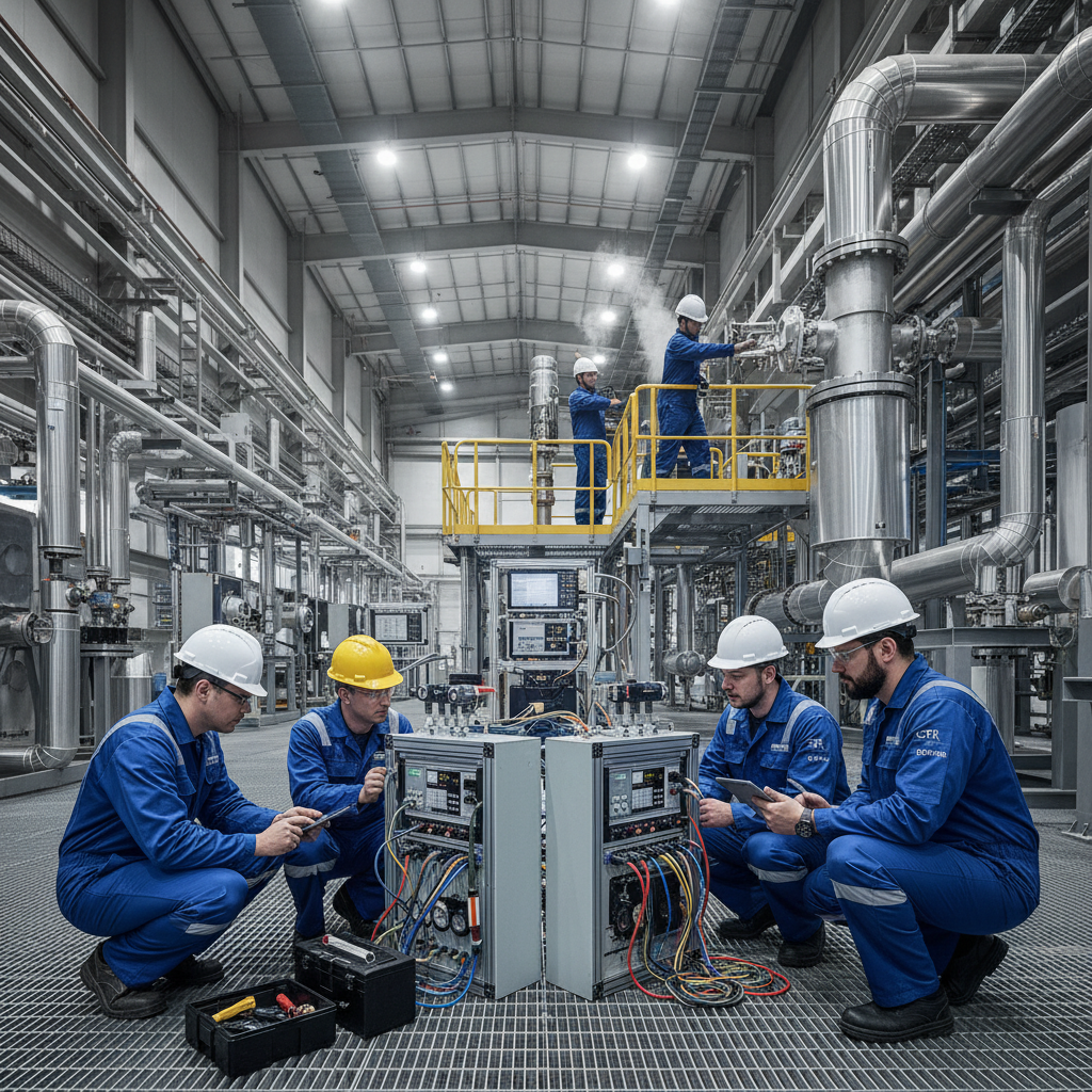 Professional male engineer in dark suit standing in industrial facility with structured lighting