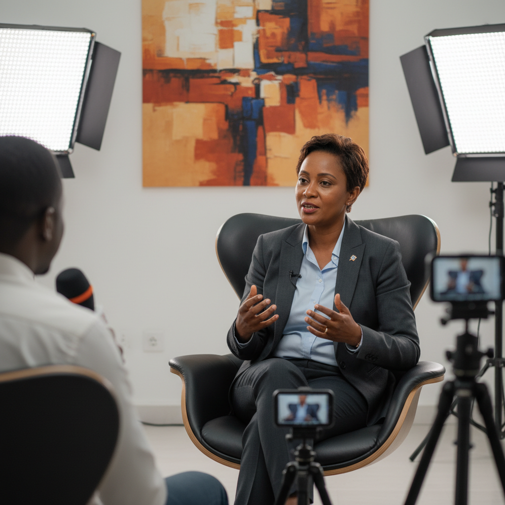Professional man in suit being interviewed in bright studio