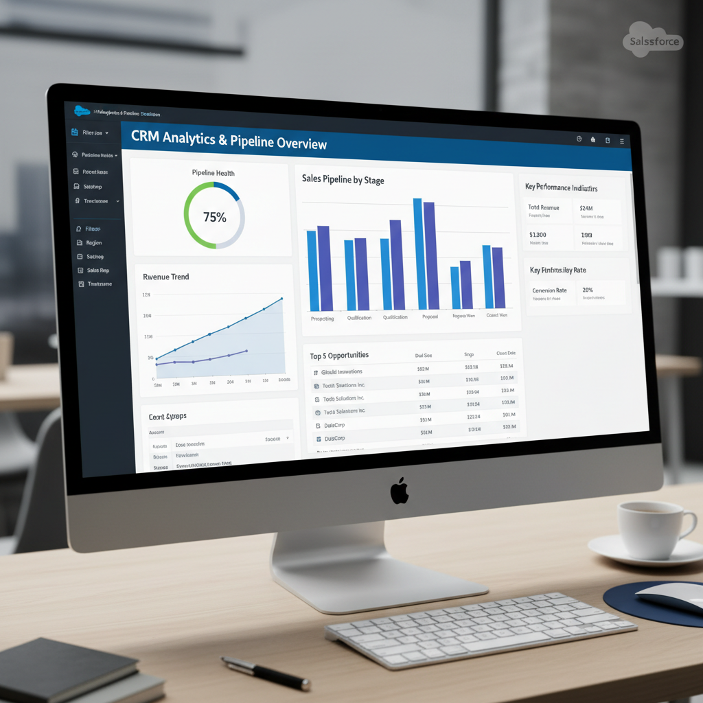 Salesforce dashboard interface showing CRM analytics and pipeline data