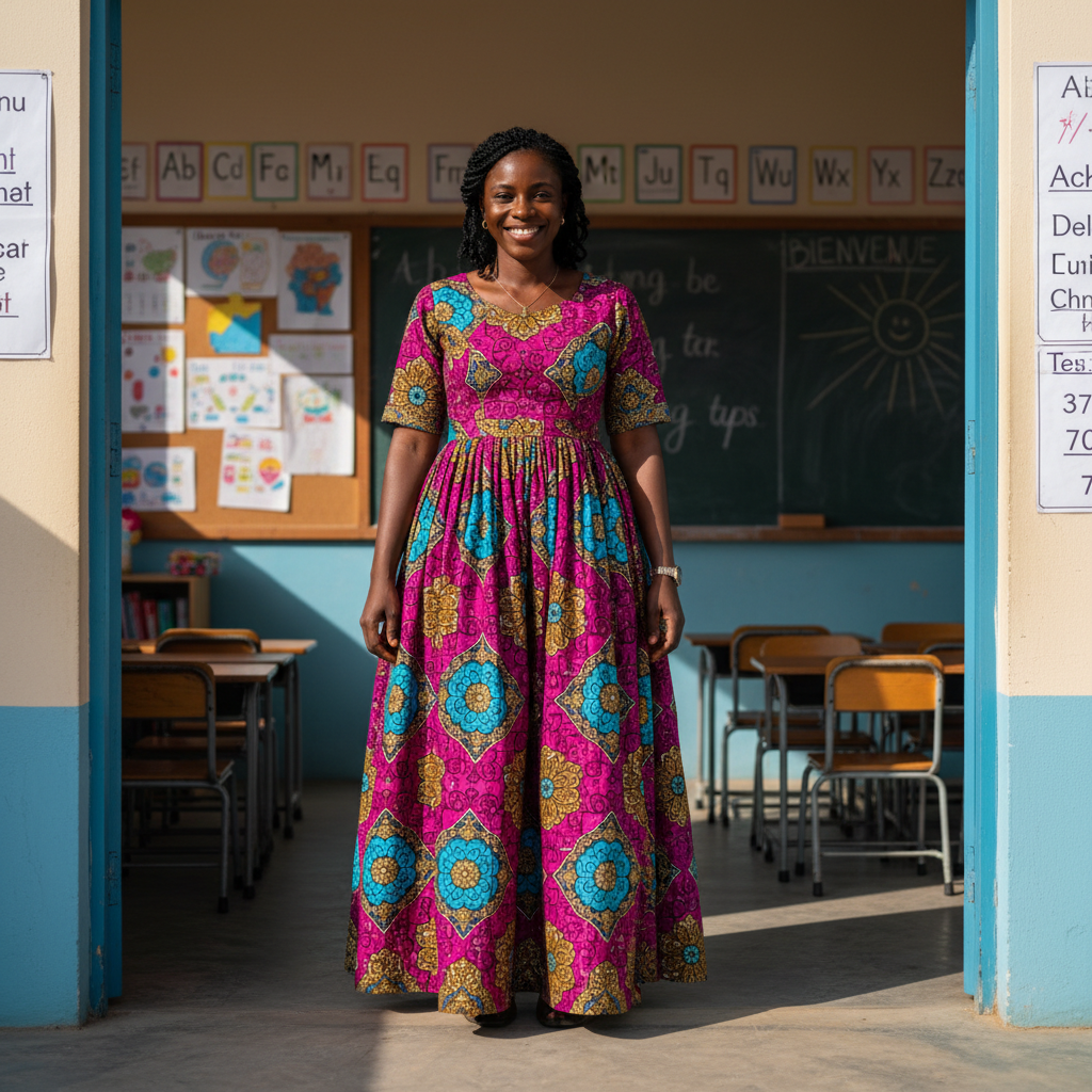 Senegalese woman teacher, warm confident smile, bright professional background, natural light