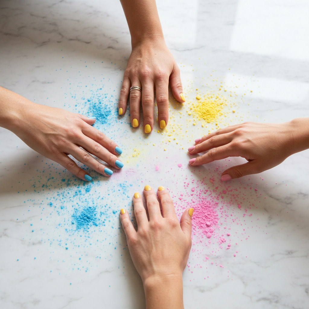 Three hands reaching into frame from different angles, each wearing different nail colors from the Swatch line, fingertips almost touching over a marble surface dusted with loose pigment powder