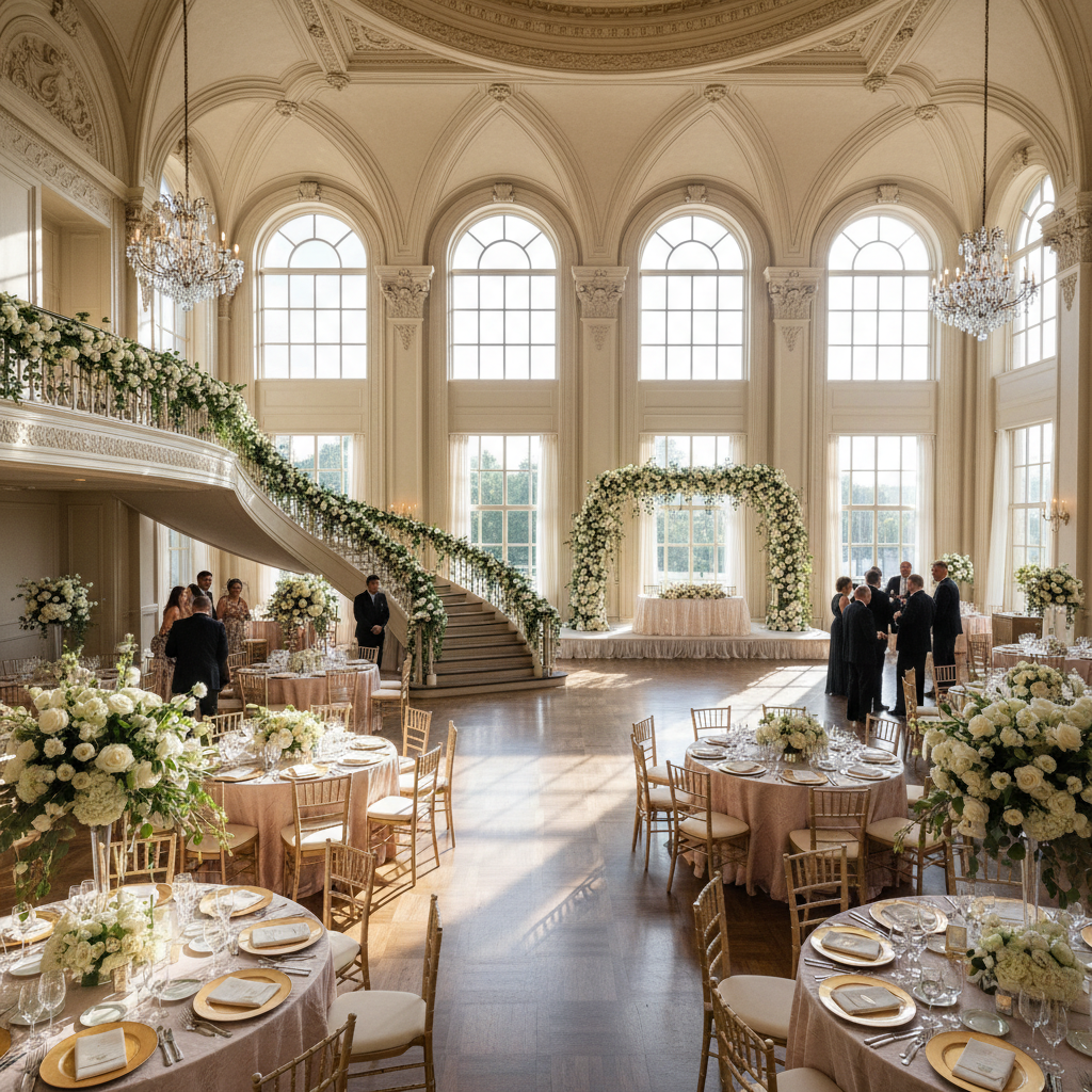 Elegant wedding venue hall with tall windows and floral arrangements in the Northeast US