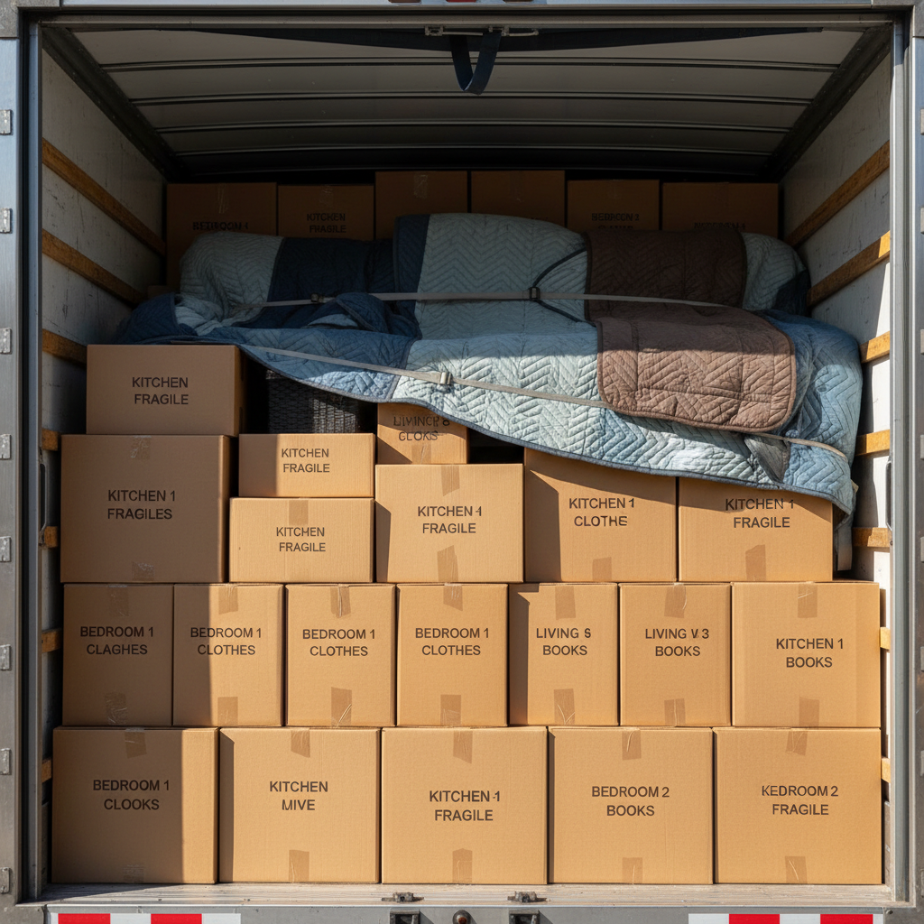 Perfectly organized moving truck interior with labeled boxes stacked flush, furniture wrapped in moving blankets, every item secured and accounted for