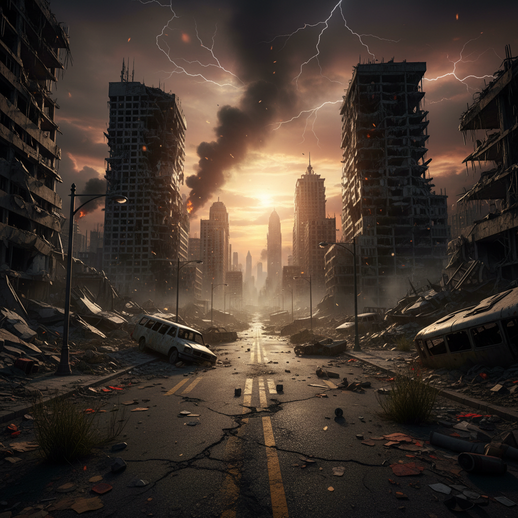 Dark apocalyptic landscape with deep shadows and dramatic stormy sky