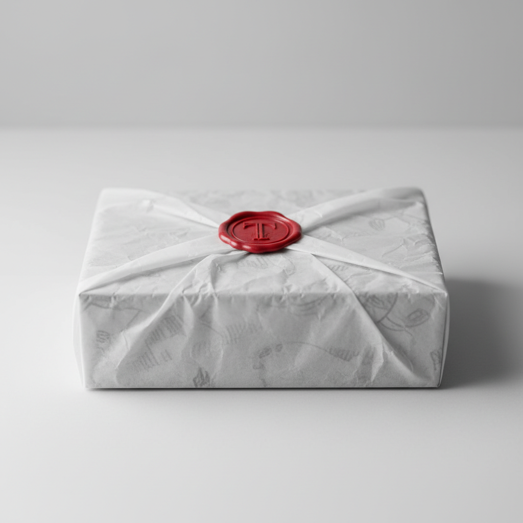 A sealed Threadbox subscription box wrapped in tissue paper with a wax sticker seal on a light surface