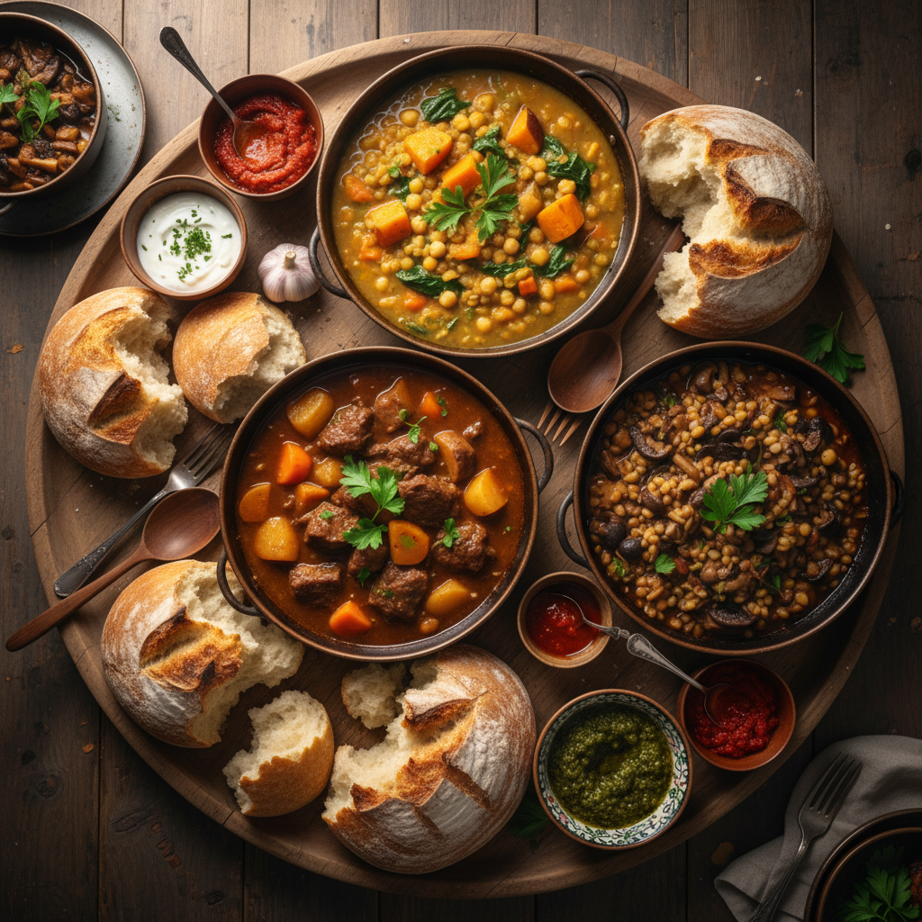 Communal dining platter with stews and bread from above