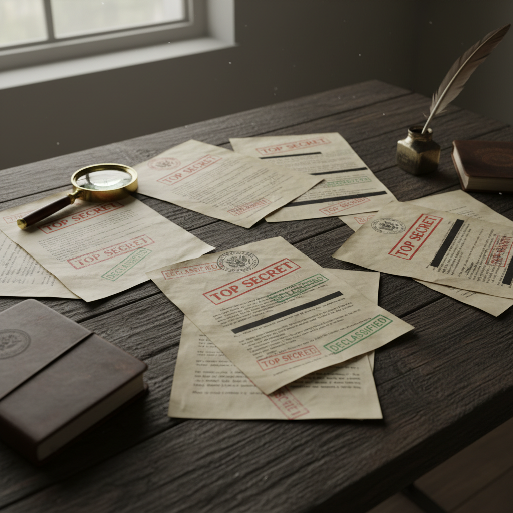Declassified government documents stamped with classified markings on wooden desk