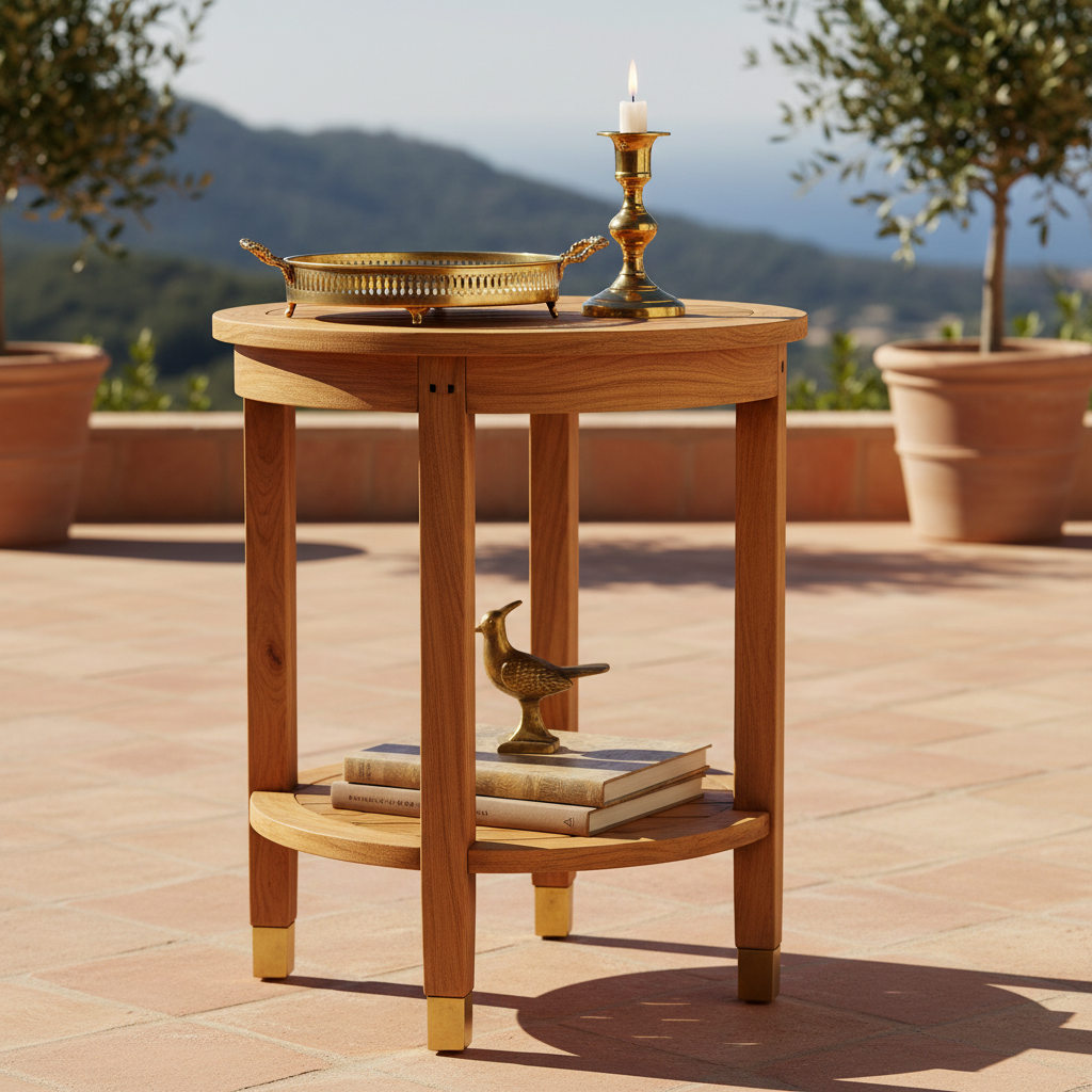 Teak side table with brass accessories on a terrace showing detail of craftsmanship