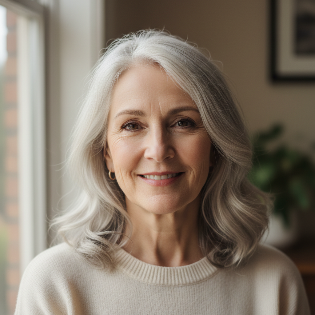 Portrait of Lady Constance Ashworth, a distinguished British woman in her 60s with silver hair and pearl earrings