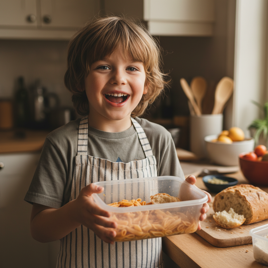 Smiling child carrying their take-home container